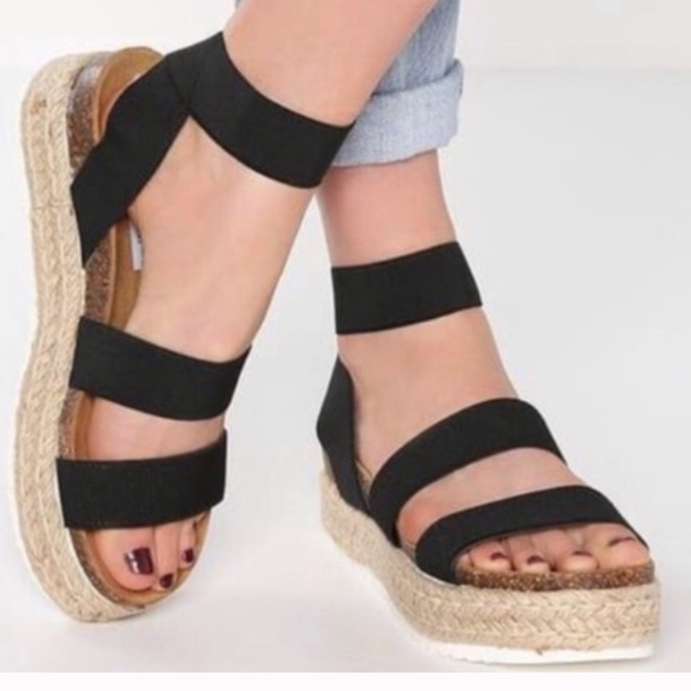 Black Espadrilles Platform Two Strap Sandals Twine